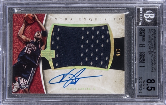 2005-06 UD "Exquisite Collection" Extra Exquisite Autographs #VC Vince Carter Signed Game Used Patch Card (#1/5) - BGS NM-MT+ 8.5/BGS 10
